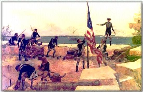 Illustration of soldiers raising the American Flag by Colonel Charles Waterhouse.